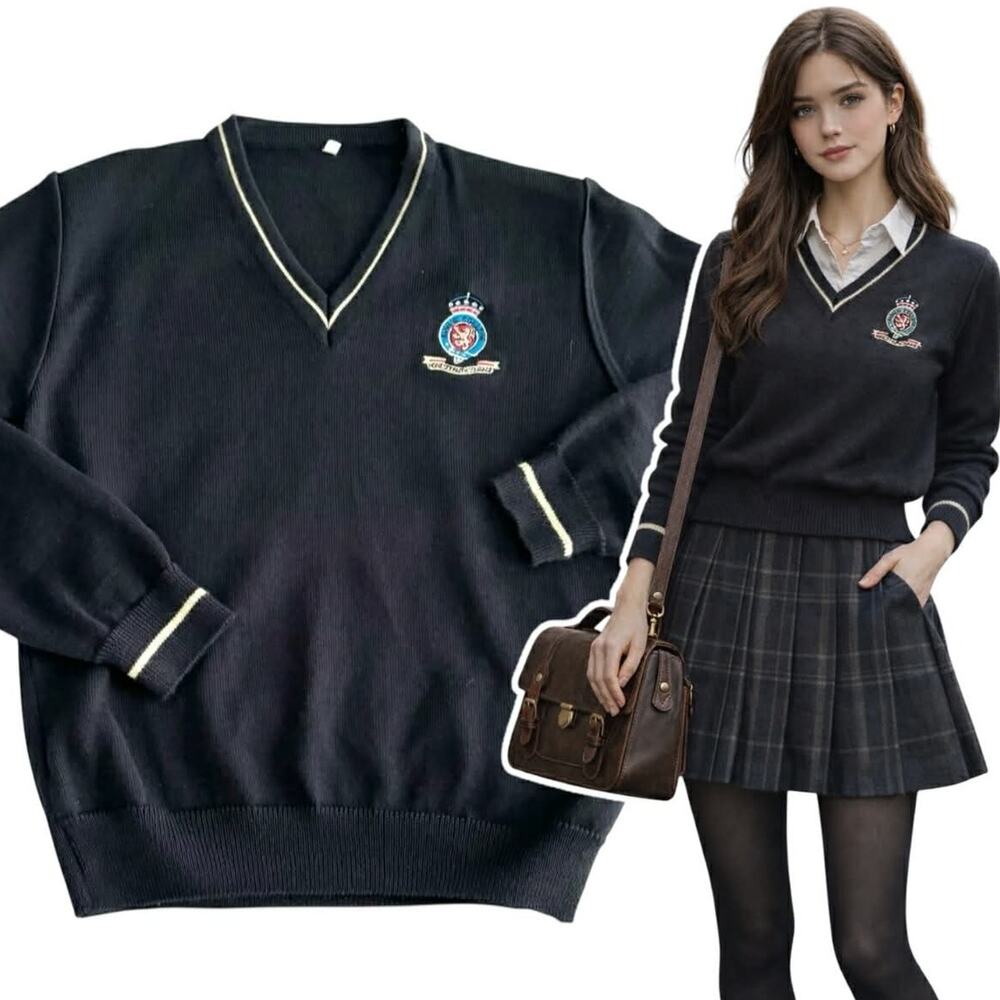 Kings College University Crest Sweater Size Small Black Gold Academia Preppy
